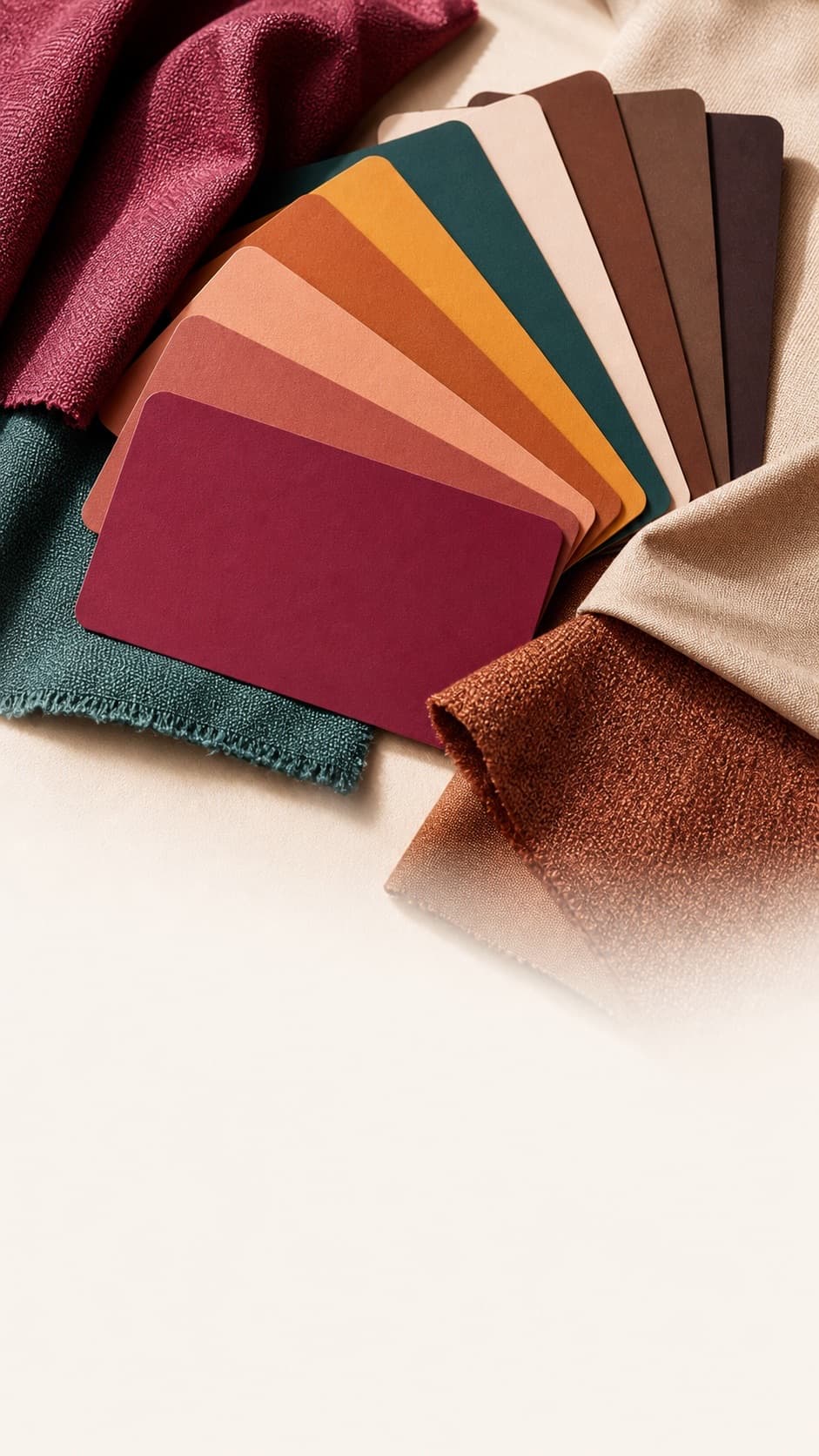 Color cards in wine, coral, amber, teal and brown fanned over folded fabric